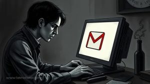 Orang yang duduk di depan komputer dengan logo Gmail di layar, mengetik pada keyboard.